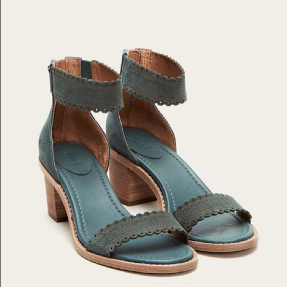 Frye Teal/Turquoise Brielle Scallop Leather Suede Ankle Strap Heel Pumps/Sandals